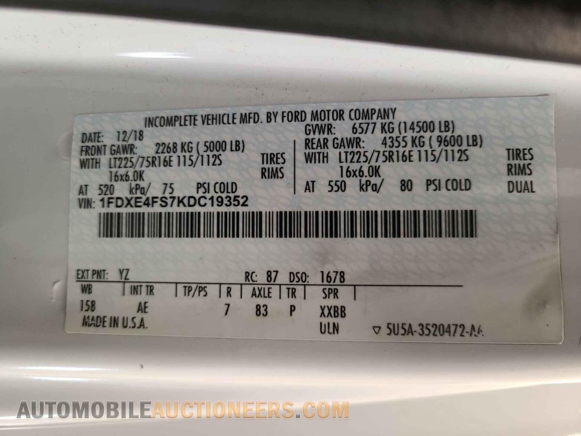 1FDXE4FS7KDC19352 FORD ECONOLINE 2019