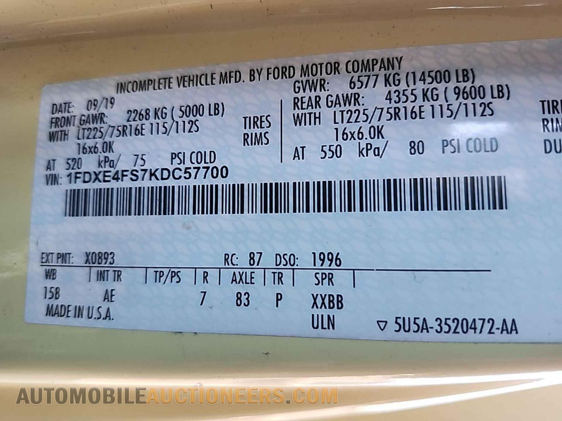 1FDXE4FS7KDC57700 FORD ECONOLINE 2019